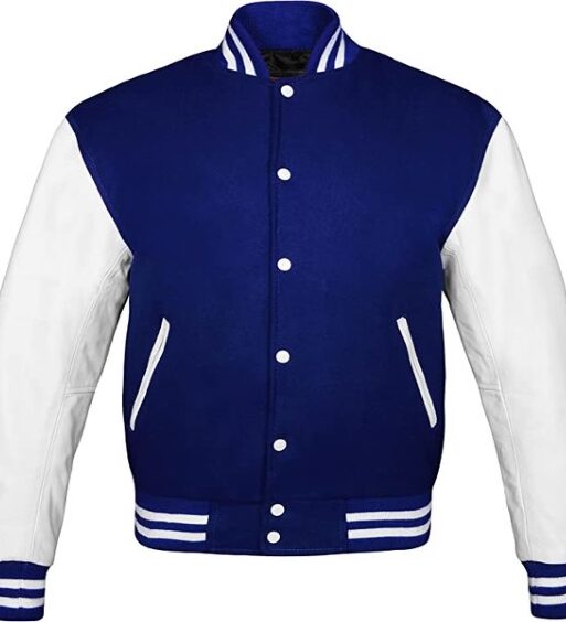 Men's Blue & White Varsity Baseball Bomber Leather Jacket