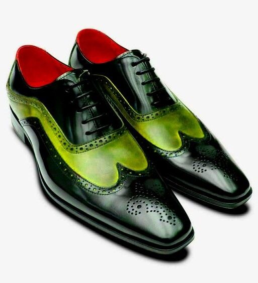 Men's Dual Tone Green Leather Wingtip Brogue Oxfords