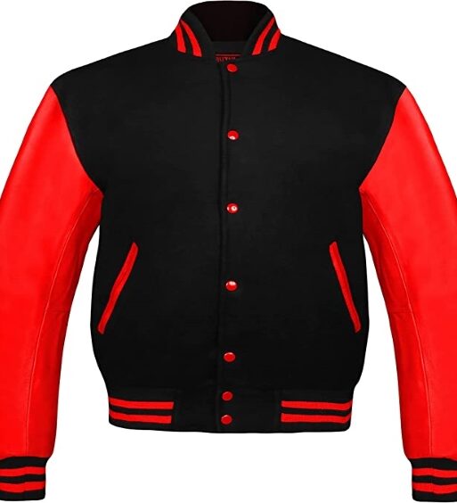 Men's Red & Black Varsity Baseball Bomber Leather Jacket