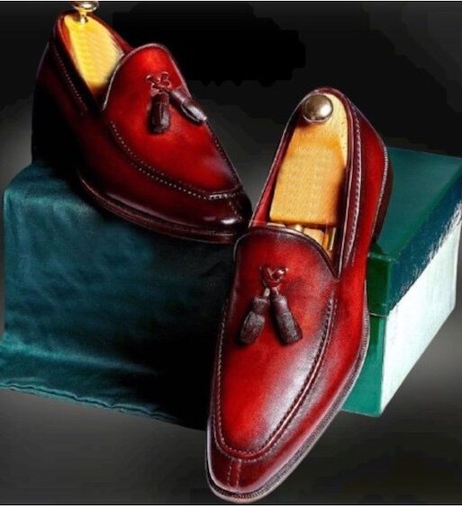 Men's Burgundy Hand Painted Leather Tassel Loafers