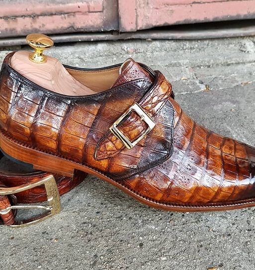 Men's Brown Crocodile Texture Leather Monk Shoes