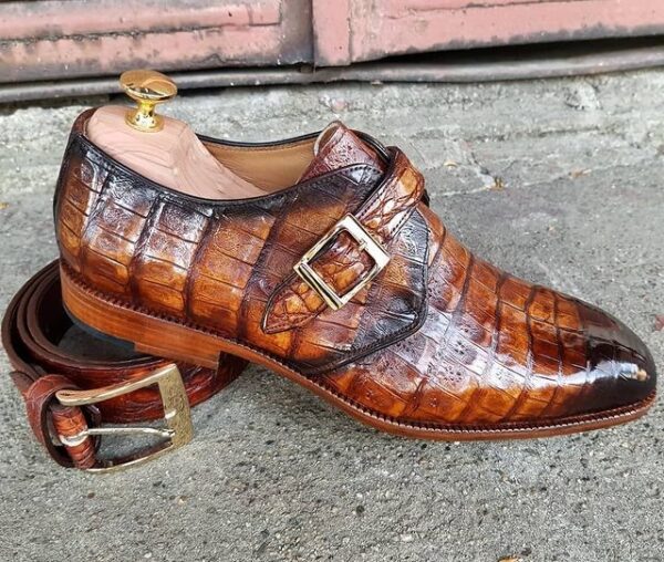 Men's Brown Crocodile Texture Leather Monk Shoes - Image 1