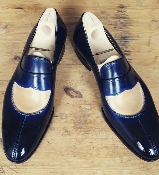 Men's Blue & Beige Patina Leather Moccasin Loafers