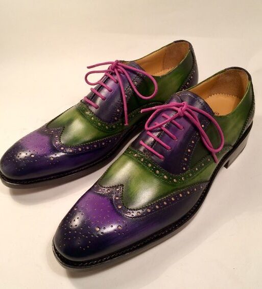 Men's Purple & Green Patina Leather Wingtip Oxford Brogue Shoes