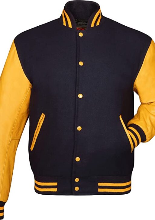 Men's Yellow & Navy Blue Varsity Baseball Leather Jacket