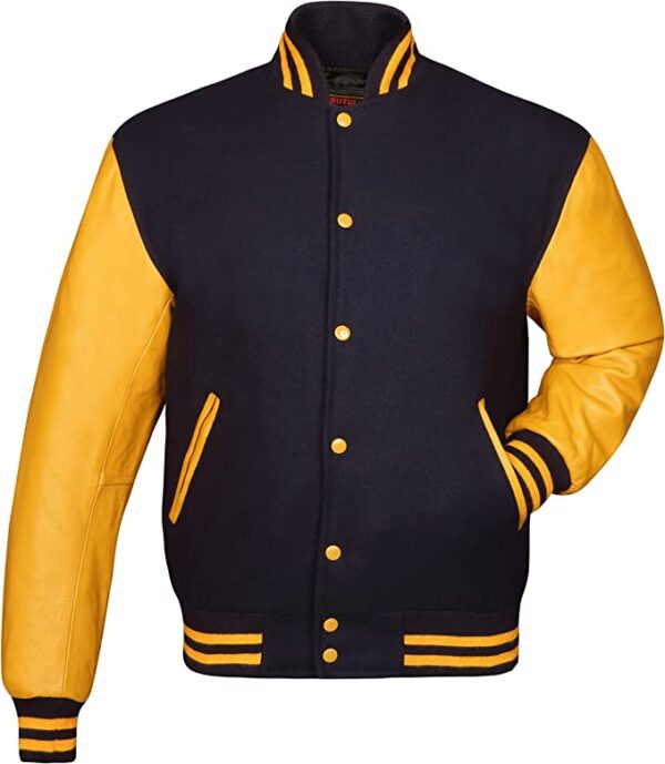 Men's Yellow & Navy Blue Varsity Baseball Leather Jacket - Image 1