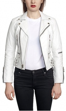 Women's White Side Zipper Belted Leather Jacket