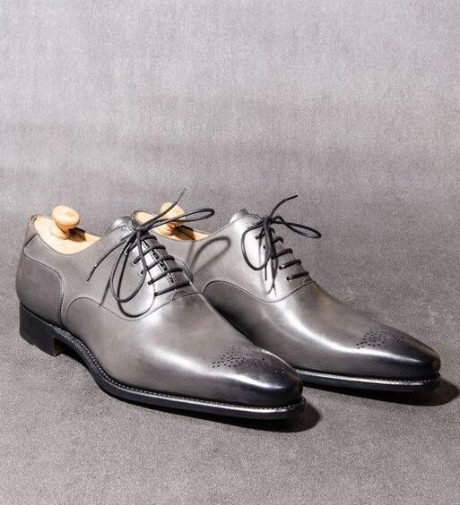 Handmade Men's Grey Patina Leather Formal Oxford Shoes