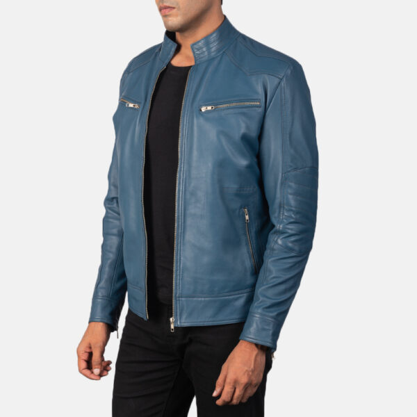 Men's Blue Genuine Leather Biker Jacket - Image 1