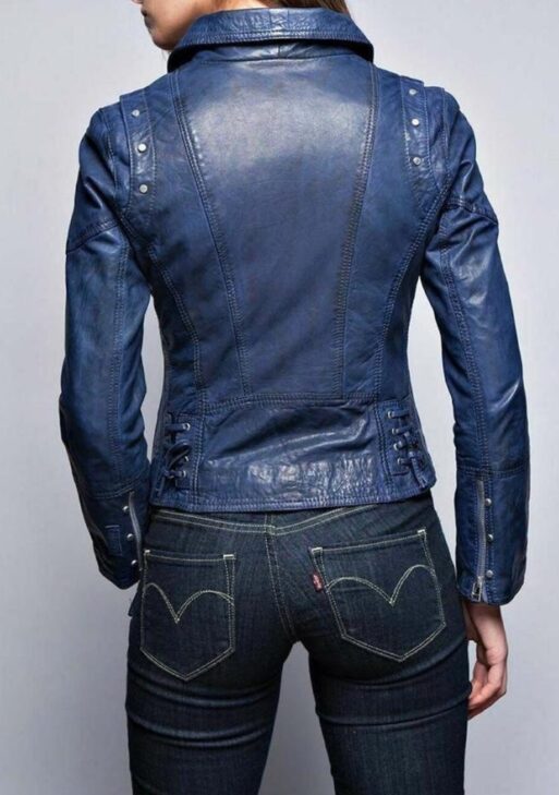 Women's Dark Blue Slim Fit Leather Jacket