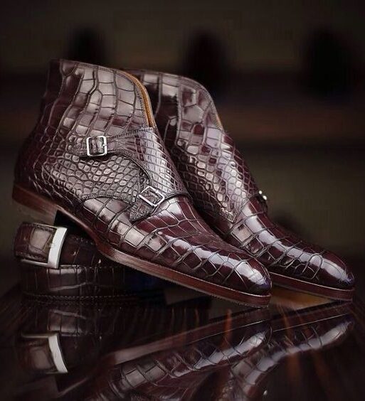 Men's Dark Brown Alligator Texture Leather Boots