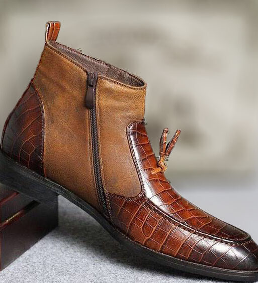 Men's Brown Alligator Texture Leather Tasseled Zipper Boots