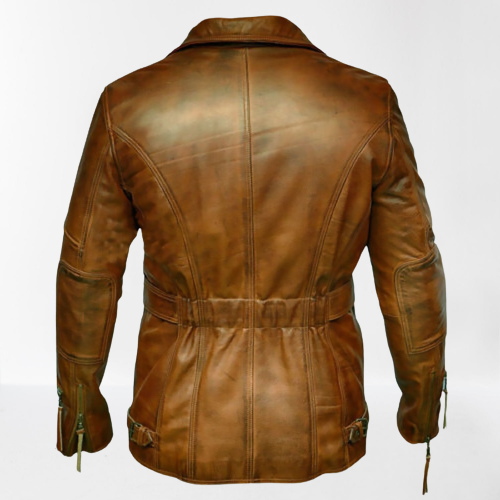 Men's Antique Brown Coat Style Belted Leather Jacket