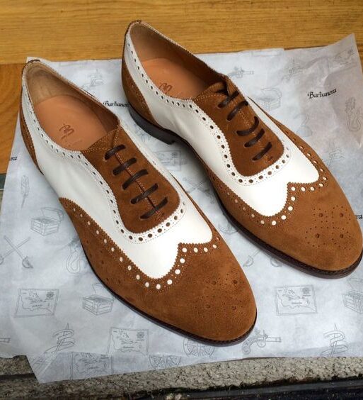 Men's Brown & White Suede Leather Wingtip Shoes