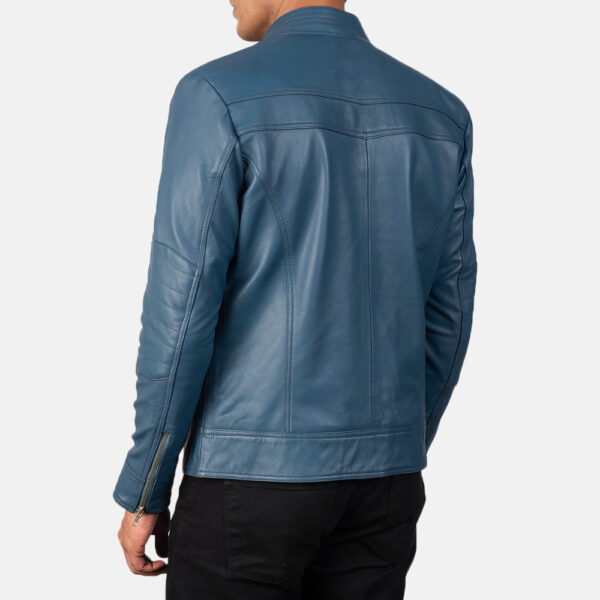 Men's Blue Genuine Leather Biker Jacket - Image 2