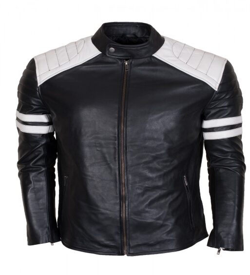 Men's Black & White Leather Biker Jacket