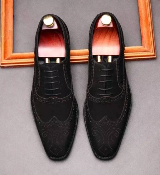 Handmade Men's Black Suede Leather Wingtip Oxford Shoes