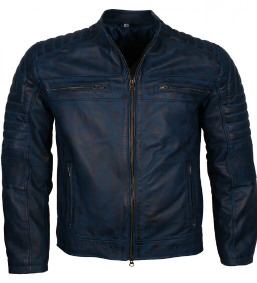 Men's Blue Leather Cafe Racer Biker Jacket