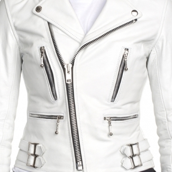Women's White Side Zipper Belted Leather Jacket