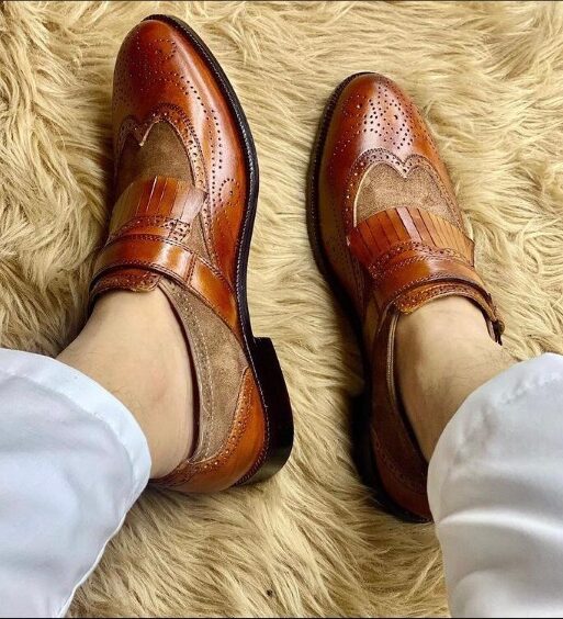Men's Brown Brogue Wingtip Monk Shoes