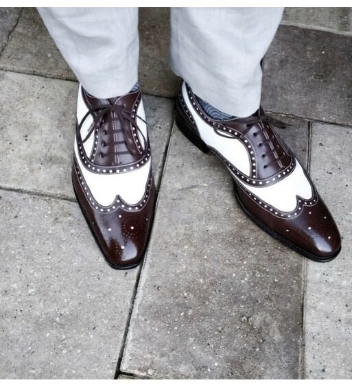 Handmade Men's Brown & White Leather Wingtip Shoes