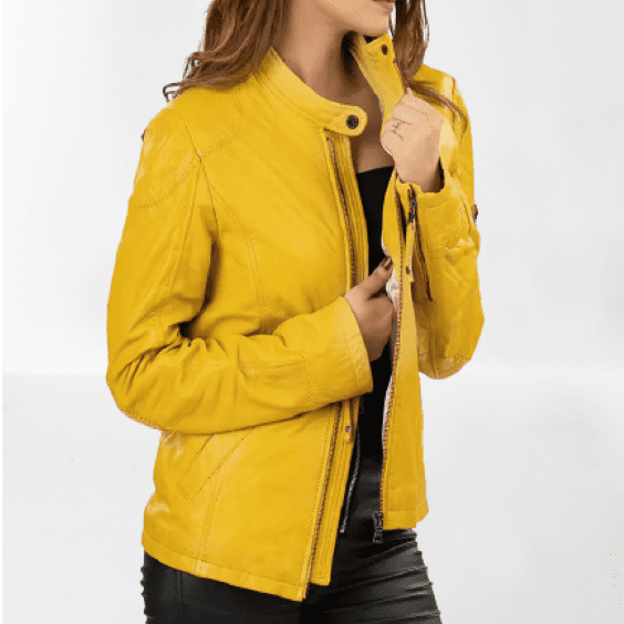 Women's Yellow Leather Zipper Jacket