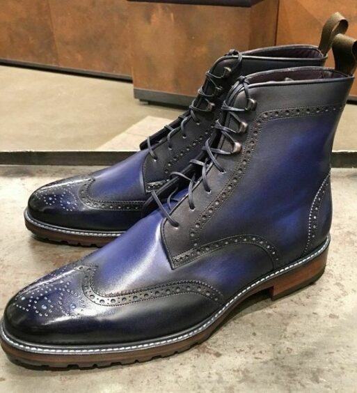 Handmade Men's Blue Patina Leather Wingtip Boots