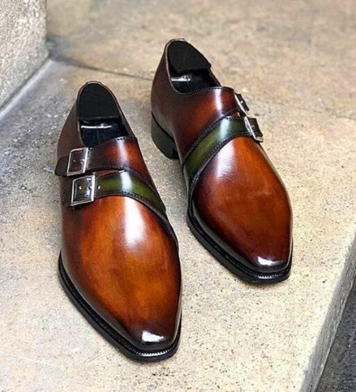 Handmade Men's Brown Patina Leather Double Monk Shoes