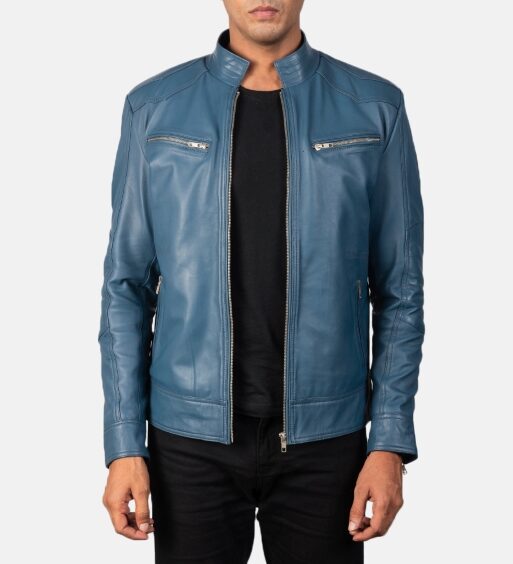 Men's Blue Genuine Leather Biker Jacket