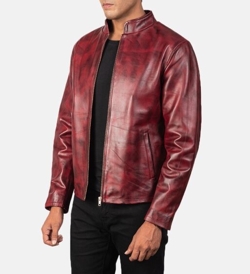 Men's Burgundy Distressed Genuine Leather Jacket