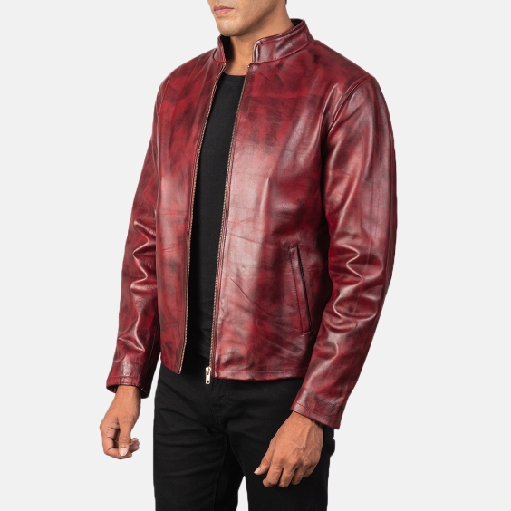 Men's Burgundy Distressed Genuine Leather Jacket