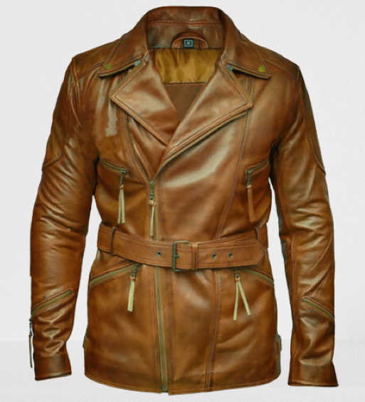 Men's Antique Brown Coat Style Belted Leather Jacket