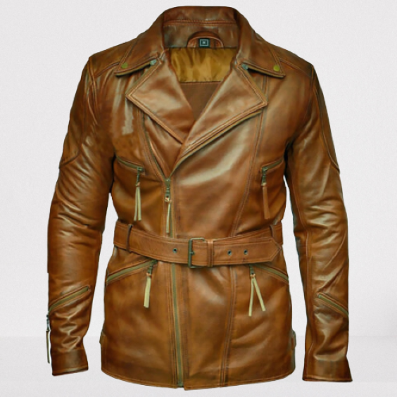 Men's Antique Brown Coat Style Belted Leather Jacket