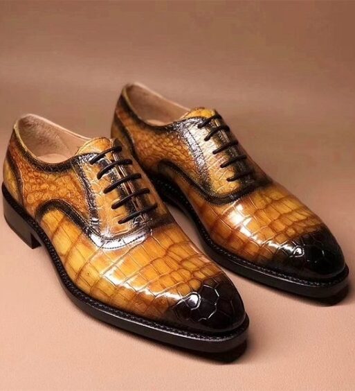 Men's Tan Patina Crocodile Leather Spectator Shoes