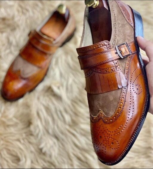 Men's Brown Brogue Wingtip Monk Shoes