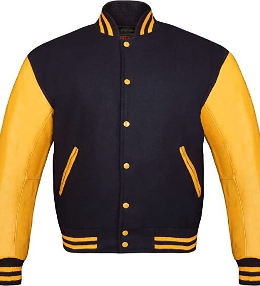 Men's Yellow & Navy Blue Varsity Baseball Leather Jacket