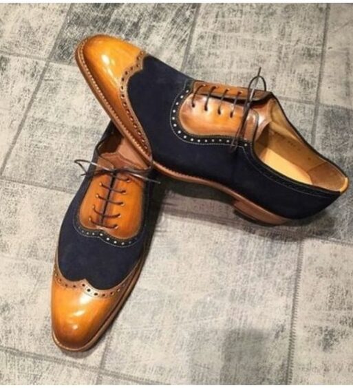 Men's Tan & Navy Blue Suede Leather Wingtip Shoes
