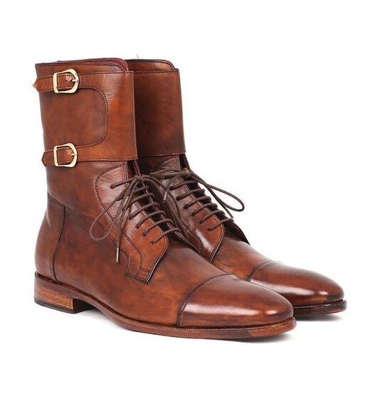 Men's Brown Leather Double Buckle Military Boots