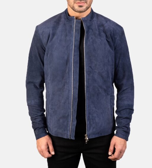 Men's Navy Blue Genuine Suede Leather Jacket