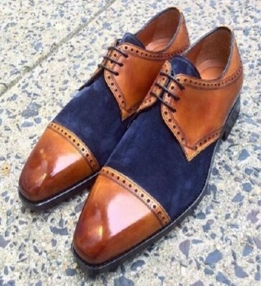 Men's Tan Brown & Blue Suede Leather Oxford Shoes