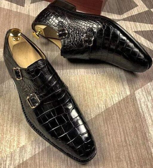 Men's Black Crocodile Texture Leather Monk Shoes