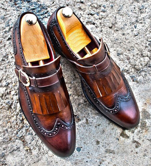 Men's Brown Patina Leather Fringed Wingtip Shoes
