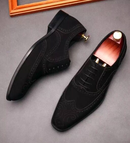 Handmade Men's Black Suede Leather Wingtip Oxford Shoes
