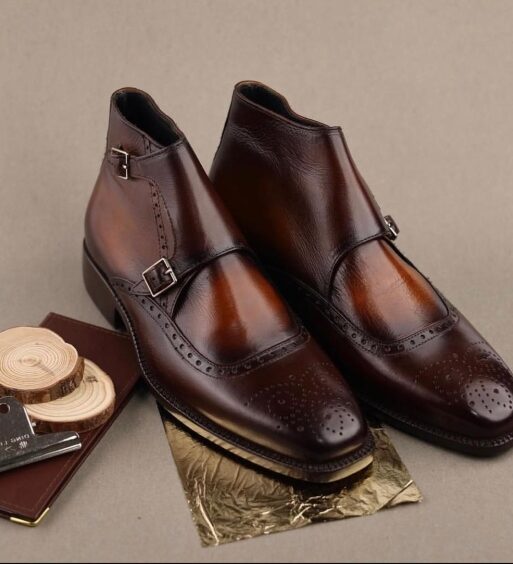 Men's Brown Patina Leather Double Monk Dress Boots