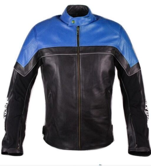Men's Black & Blue Genuine Leather Biker Jacket