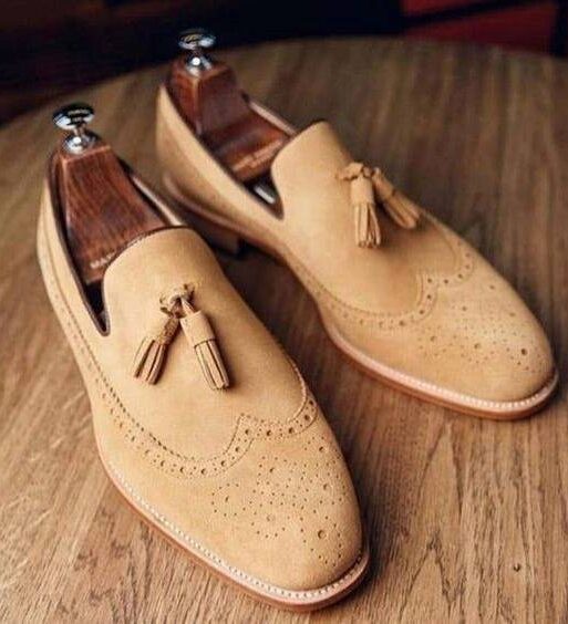 Men's Beige Suede Leather Tassel Loafers