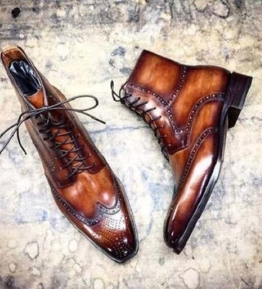 Men's Brown Patina Leather Ankle High Wingtip Boots - US 7.5/ UK 7/ EUR 40-41