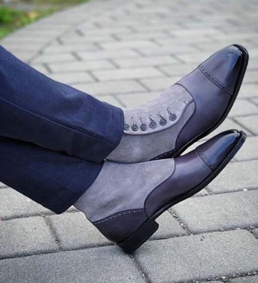 Men's Grey Patina Leather & Suede Button Boots