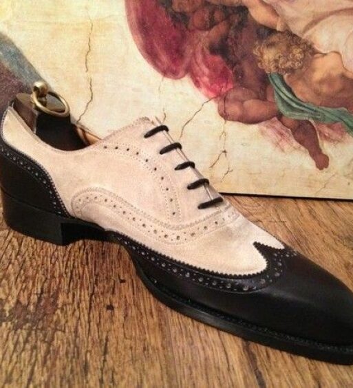 Men's Black & Beige Suede Leather Wingtip Oxford Shoes