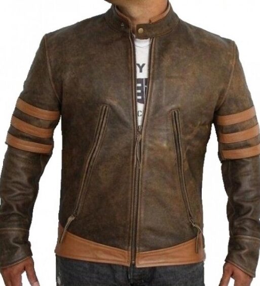 Men's Brown Striped Genuine Leather Jacket